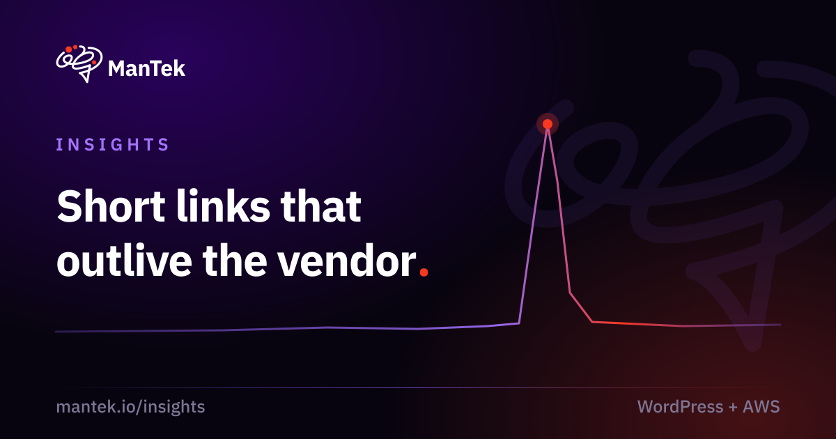 A long Arabic URL collapsing into a short branded link, the newsroom URL shortener on WordPress and AWS, ManTek Insights